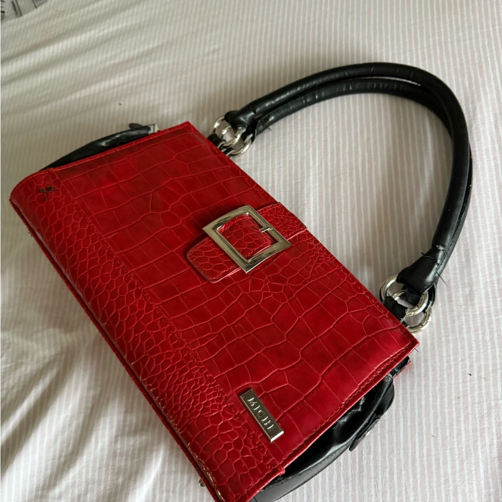 MICHI Red and Black Shoulder Bag with Crocodile Texture